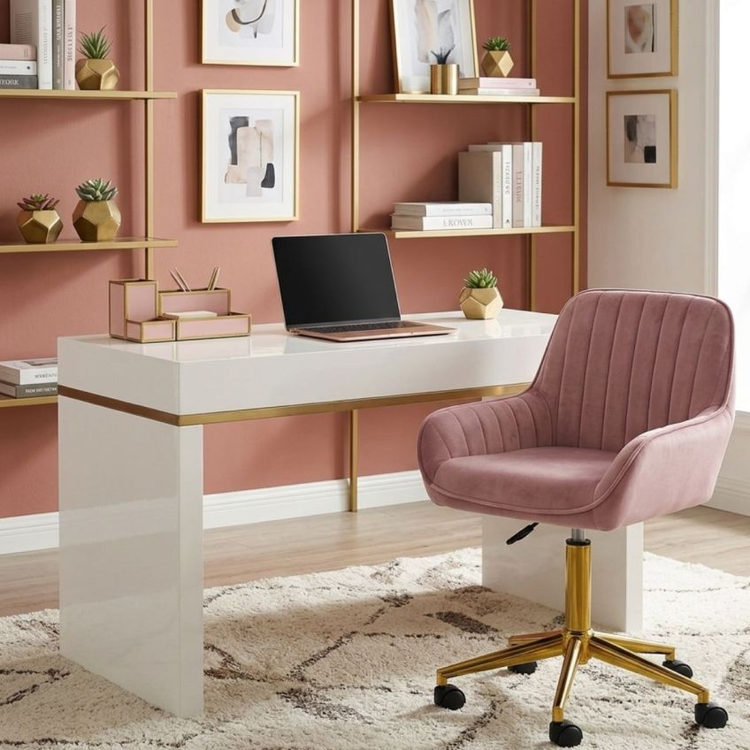 Kaan Office Chair in Pink Velvet Gold Base