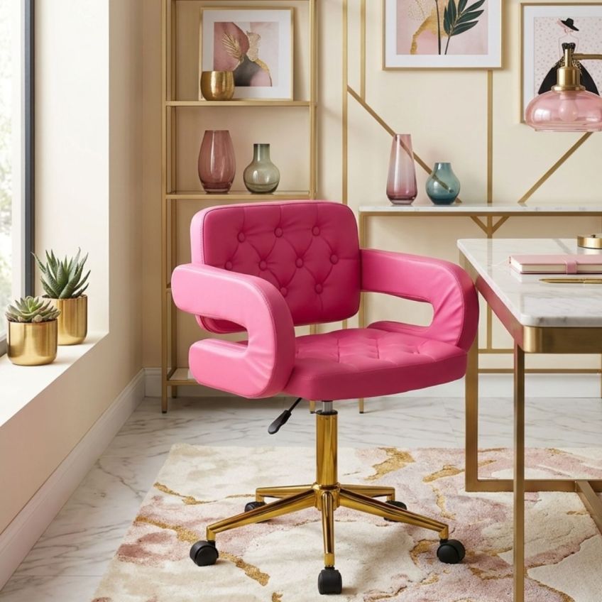 Kenan Office Chair Hot Pink Faux Leather Gold Base