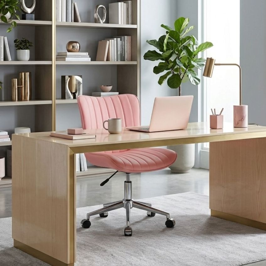 Moro Office Chair in Coral Pink Faux Leather Chrome Base