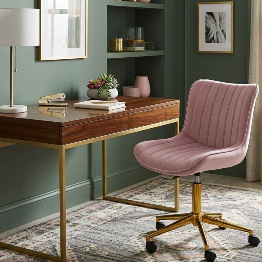 Moro Office Chair in Coral Faux Leather Gold Base