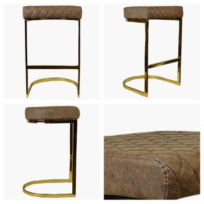 Burrello Bar Stool Antique Brown Leather & Gold Leg 75cm