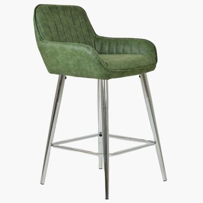 Hamilton Bar Stool Vintage Green Leather & Chrome Leg