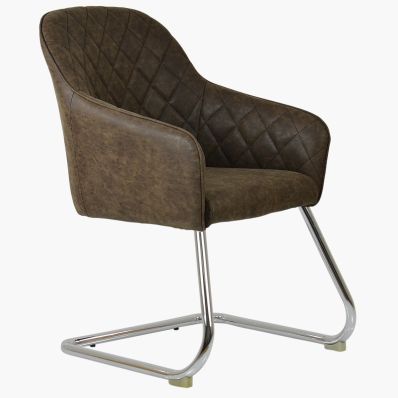Hood Dining Chair Antique Brown Faux Leather & Chrome Leg