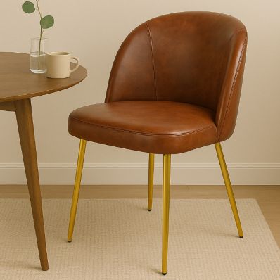 Montadale Dining Chair Vintage Tan Brown Faux Leather & Gold Legs