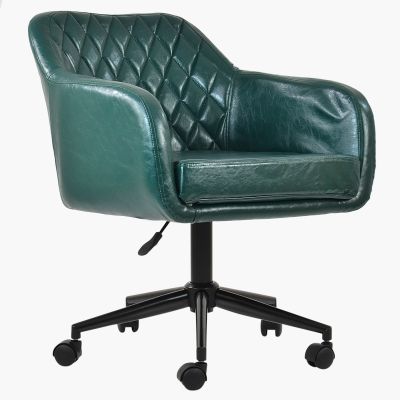 Langham Swivel Office Desk Chair Green Leather Black Base