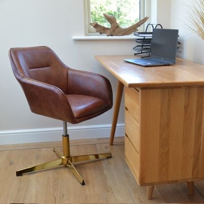 Ray Office Chair Vintage Brown Faux Leather & Gold Base