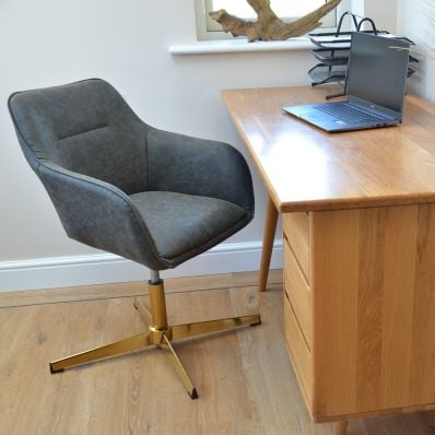 Ray Office Chair Vintage Grey Faux Leather & Gold Base