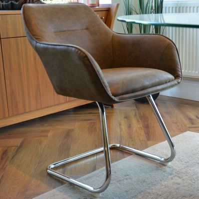 Swarm Dining Chair Antique Brown Faux Leather & Chrome Leg
