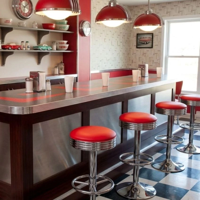 American Diner Bar Stool Red Leather & Chrome
