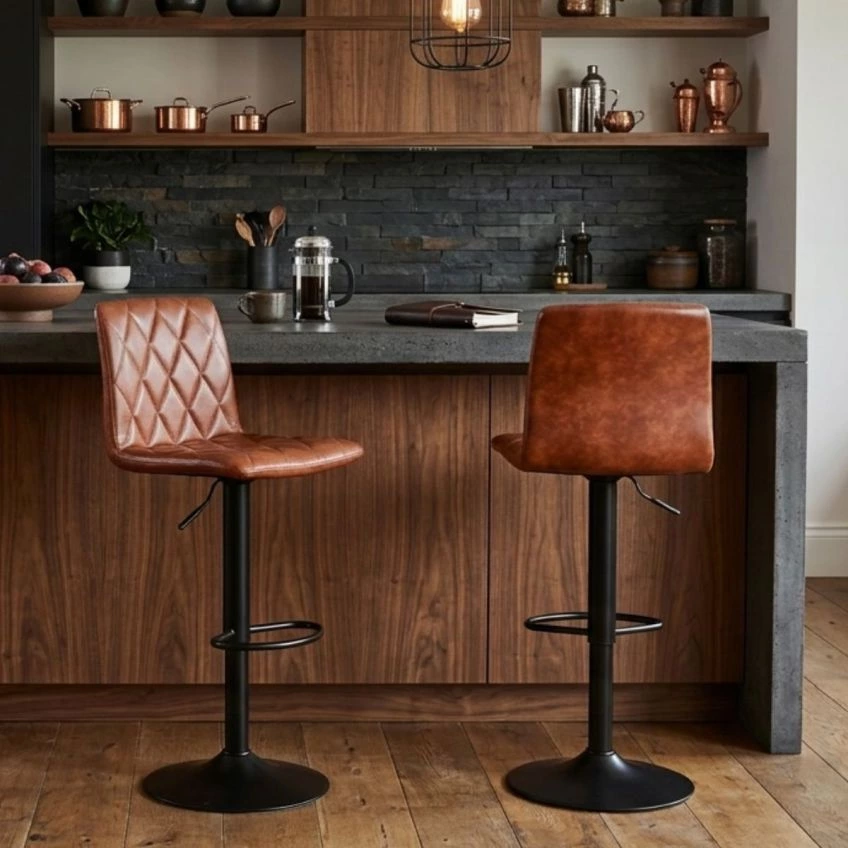 Ares Bar Stool Vintage Brown Leather & Black Base
