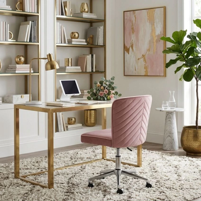 Arous Office Chair in Pink Velvet Chrome Base