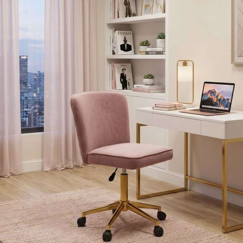 Arous Office Chair in Pink Velvet Gold Base