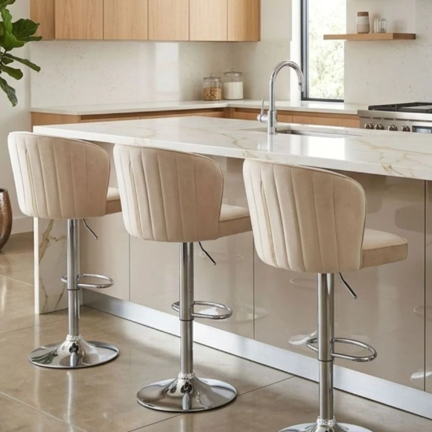 Asham Bar Stool Light Grey Velvet & Chrome
