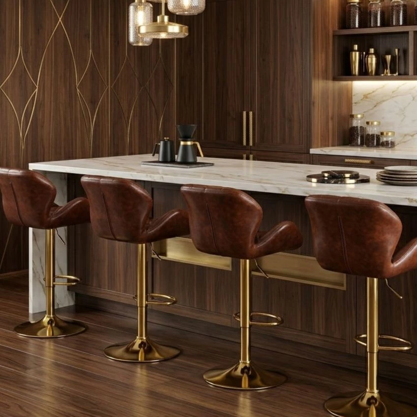 Bowston Bar Stool Black Leather & Gold Base
