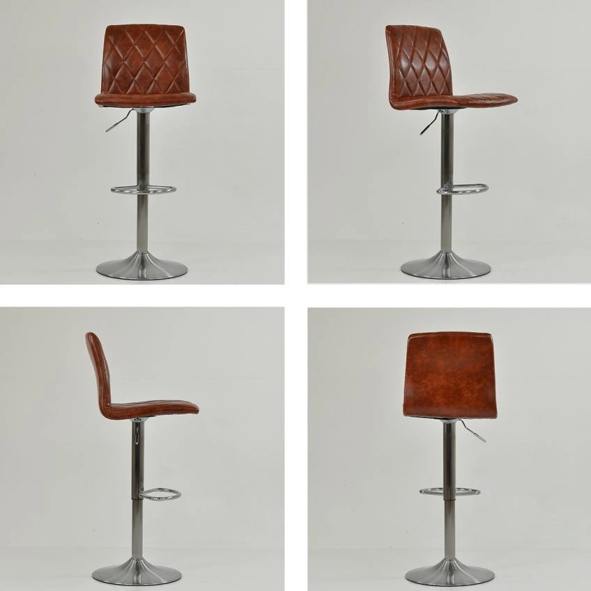 Pecan Bar Stool Vintage Tan Brown Leather & Brushed Steel