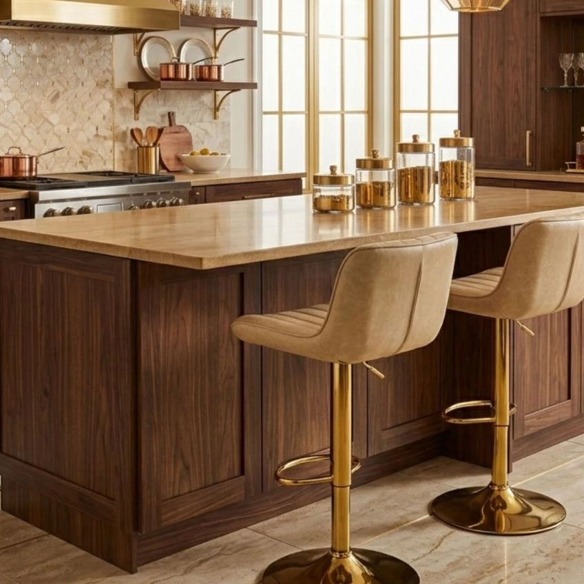 Canberra Bar Stool Aged Cream Leather & Gold Base
