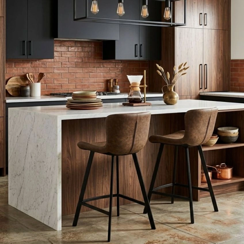 Caribe Bar Stool Vintage Brown Leather & Black 75cm