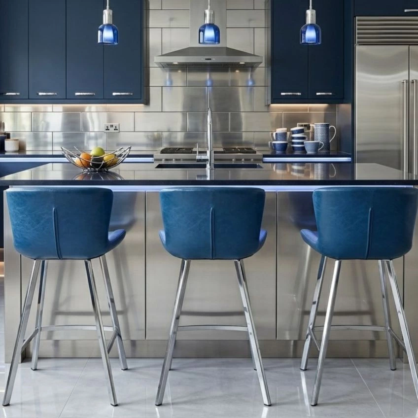 Caribe Bar Stool Blue Leather & Chrome 65cm
