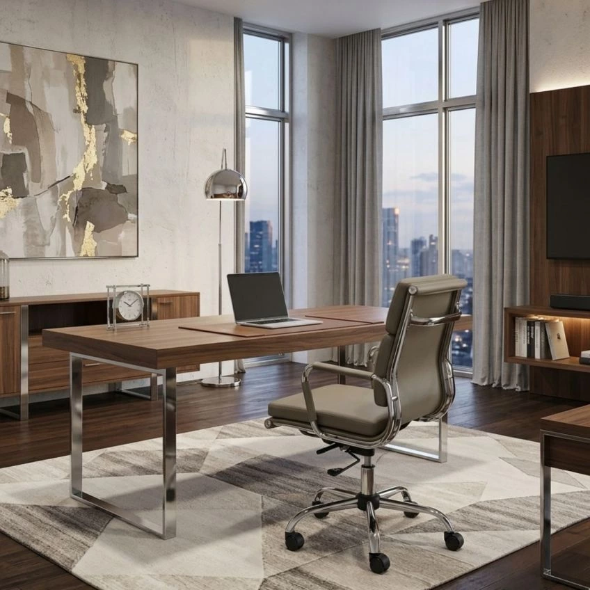 Chester Office Chair Aged Brown Faux Leather & Chrome
