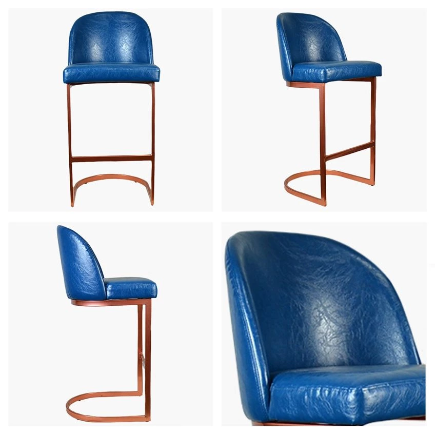 Delamere Bar Stool Blue Leather & Rose Gold Leg 65cm