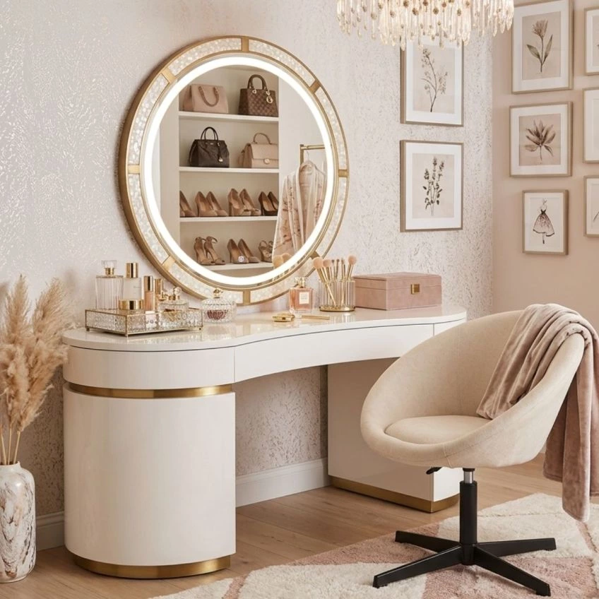 Deniz Vanity Chair in Natural Cream Fabric