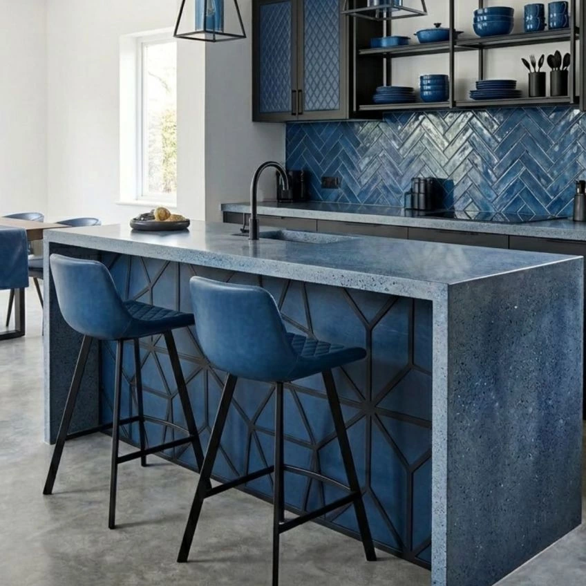 Duran Bar Stool Blue Leather & Black 65cm
