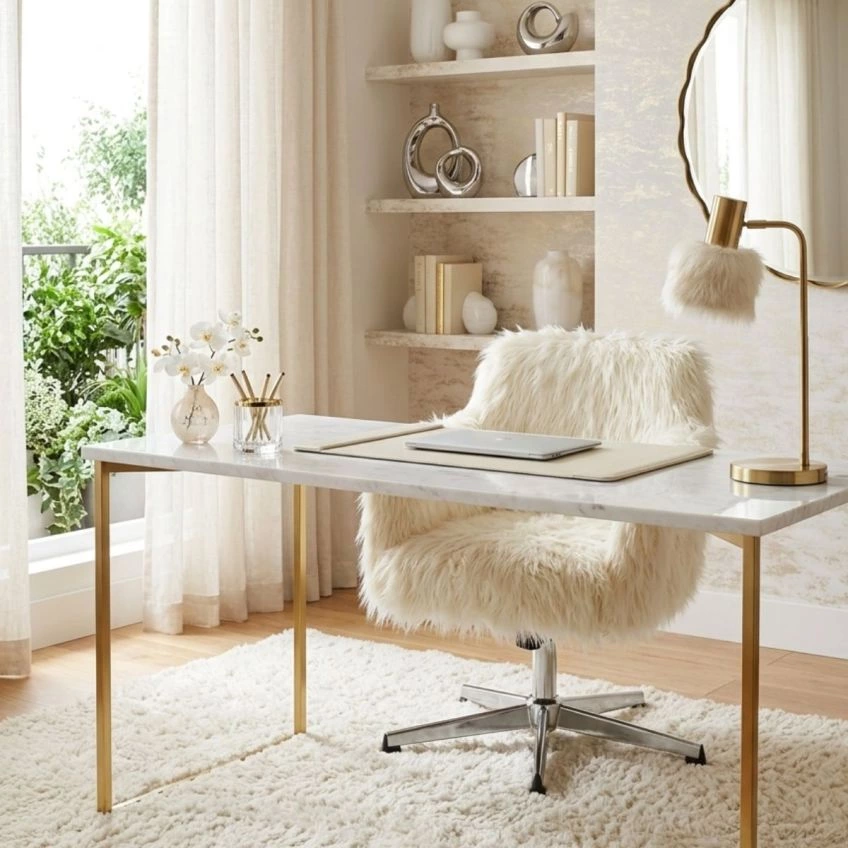Fallen Office Chair Cream Faux Fur & Chrome
