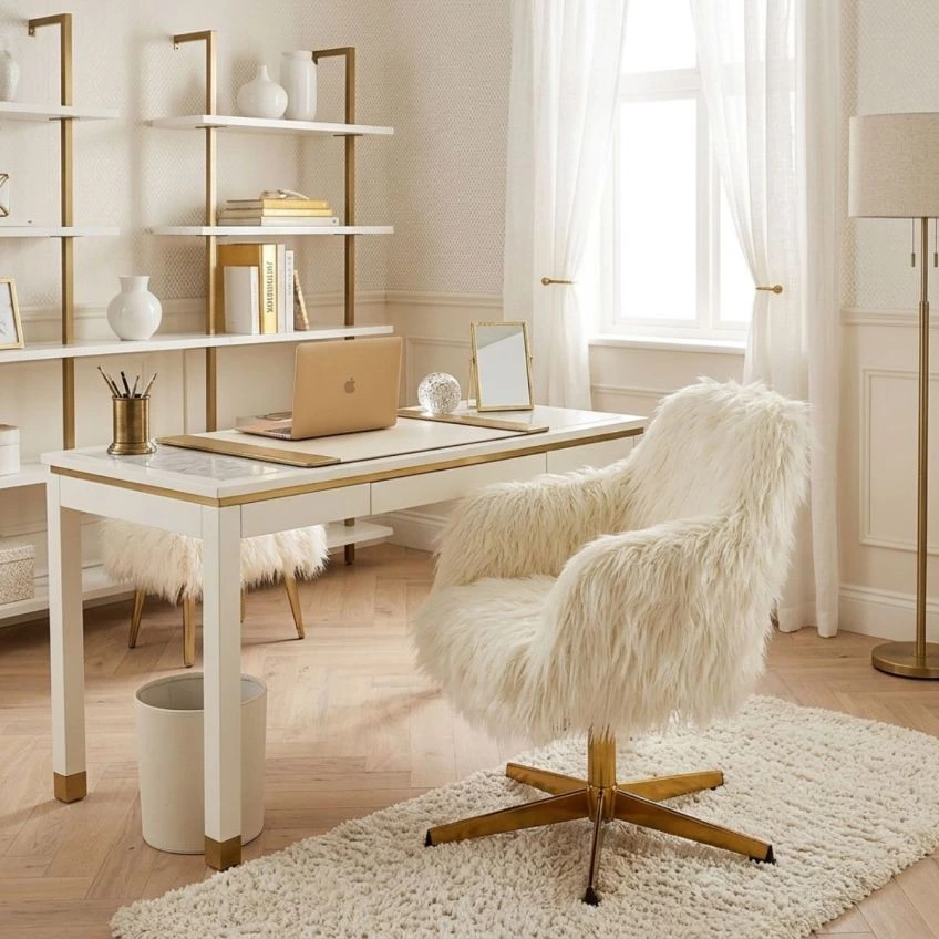 Fallen Office Chair Cream Faux Fur & Gold
