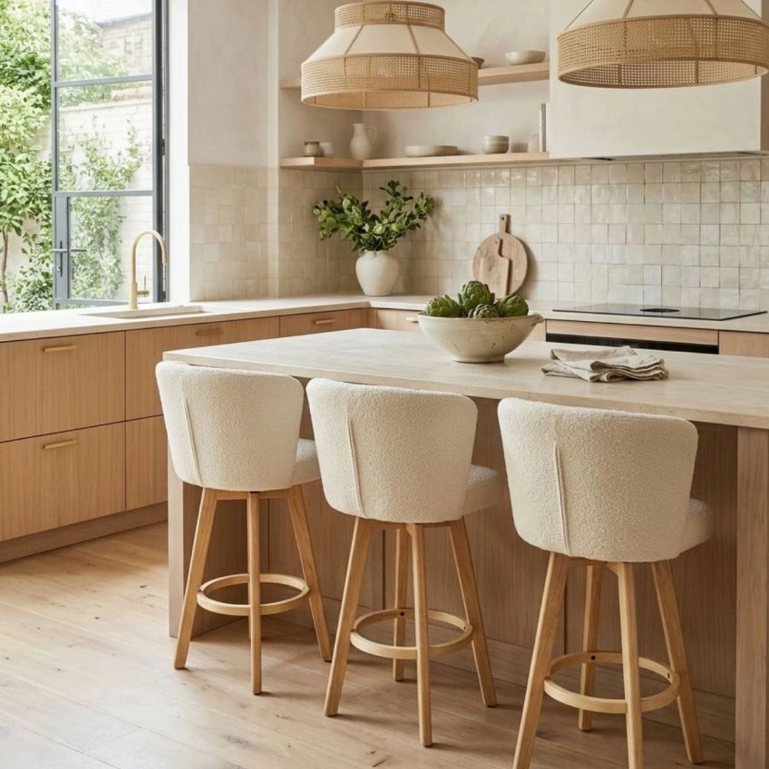 Falun Bar Stool Cream Boucle & Wood Leg