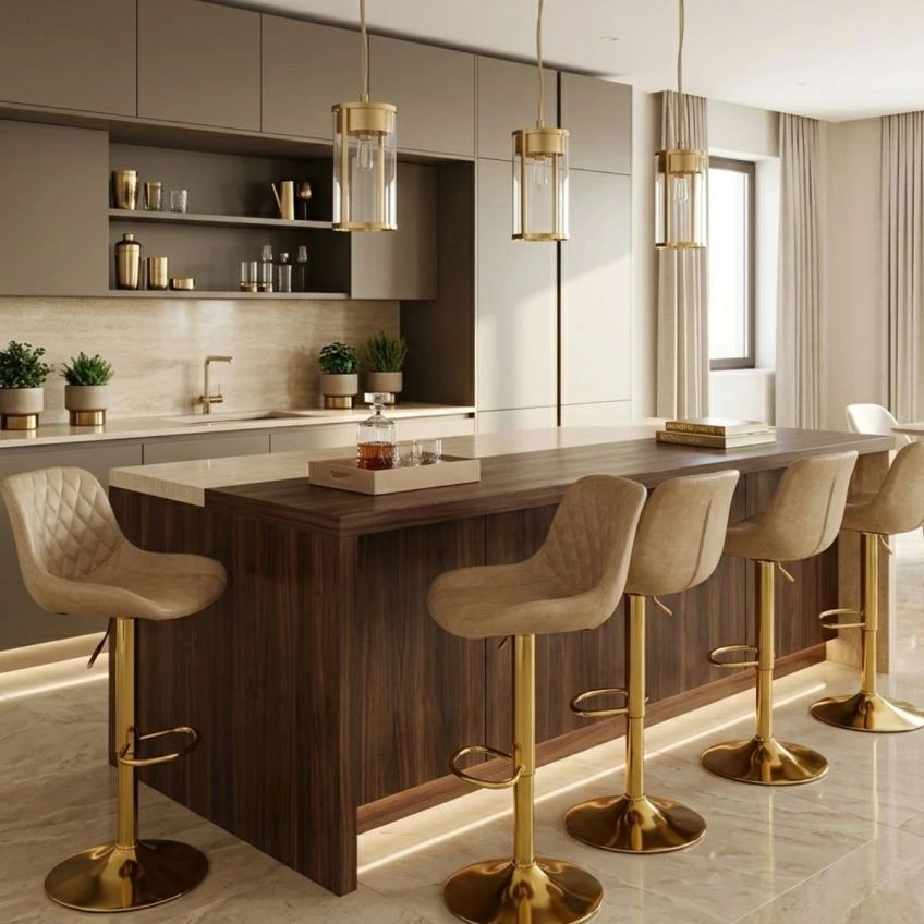 Graf Bar Stool Aged Olive Green Leather & Gold Base
