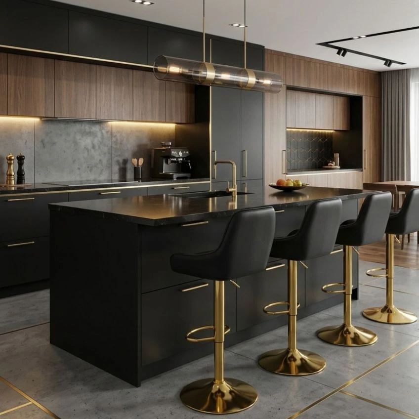 Harton Bar Stool Black Leather & Gold

