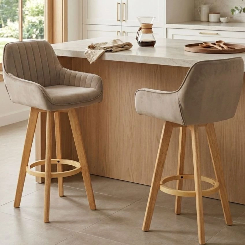 Hjo Bar Stool Natural Cream Fabric & Wood Leg
