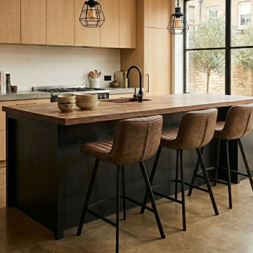 Islay Bar Stool Aged Brown Leather & Black 65cm
