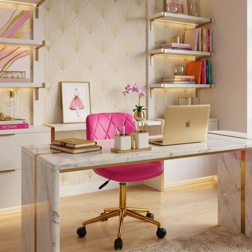 Kai Office Chair in Hot Pink Faux Leather Gold Base