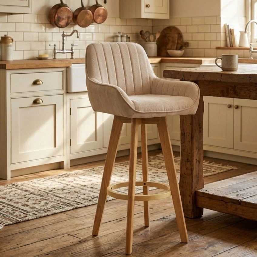 Karlstad Bar Stool Fawn Brown Fabric & Wood Leg
