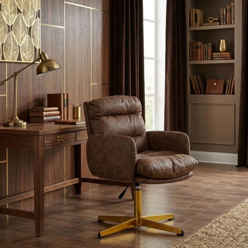 Katarni Office Chair Vintage Brown Faux Leather & Gold
