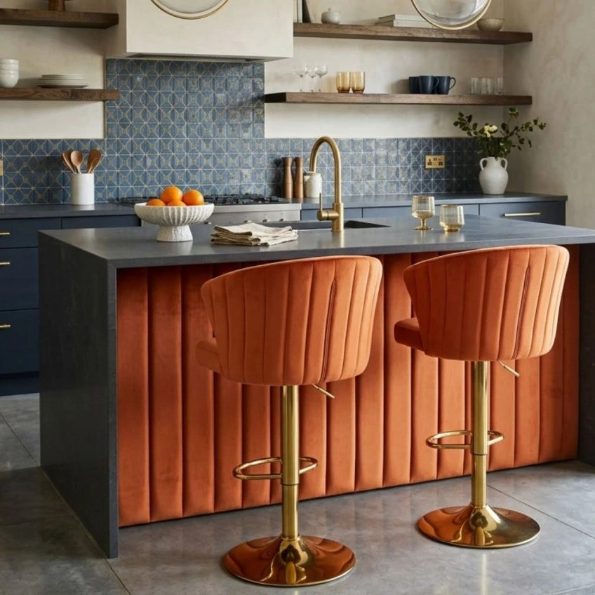 Kielder Bar Stool Burnt Orange Velvet & Gold