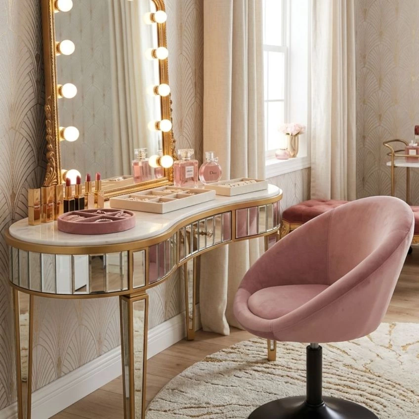 Lamine Vanity Chair in Natural Cream Fabric 