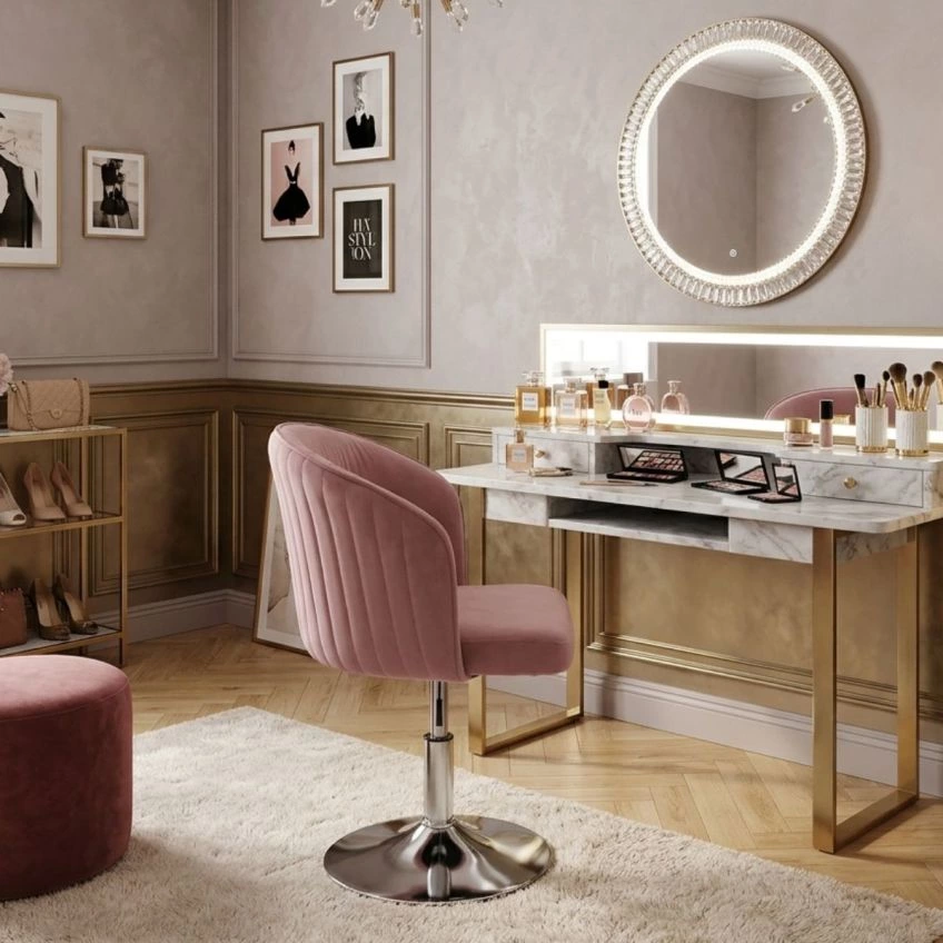 Lira Office Chair Pink Velvet Chrome Base
