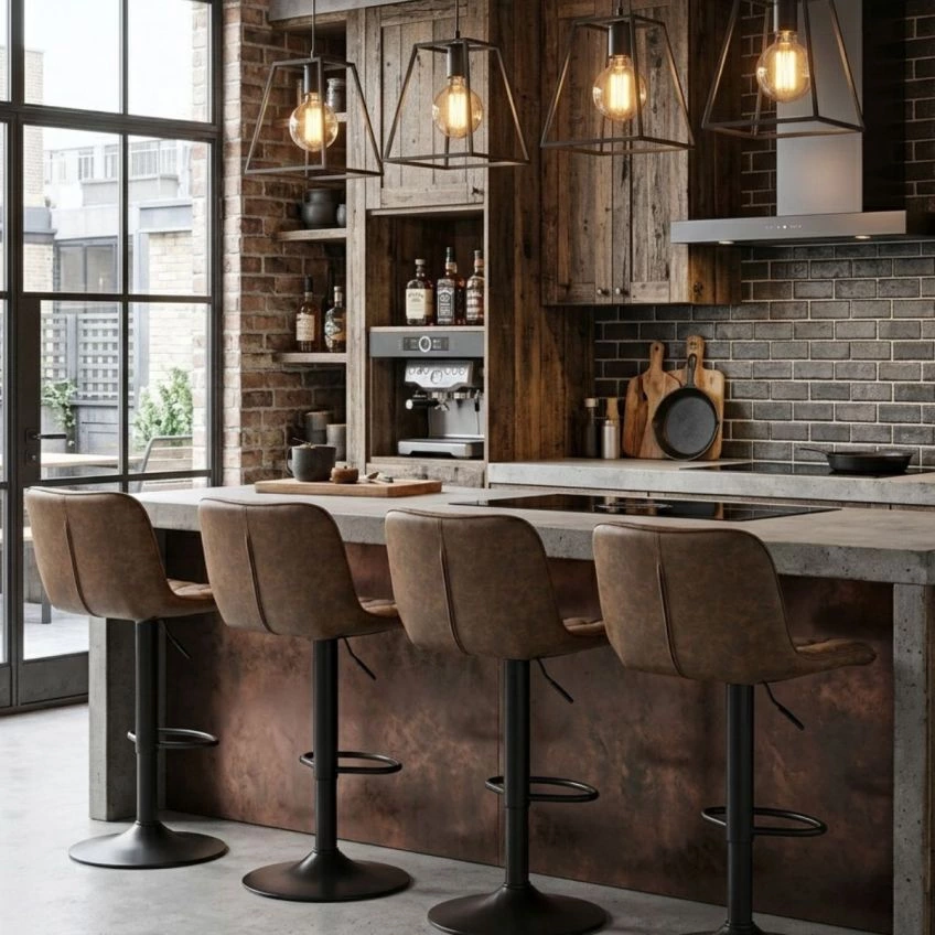 Lush Bar Stool Aged Olive Green Leather & Black Base
