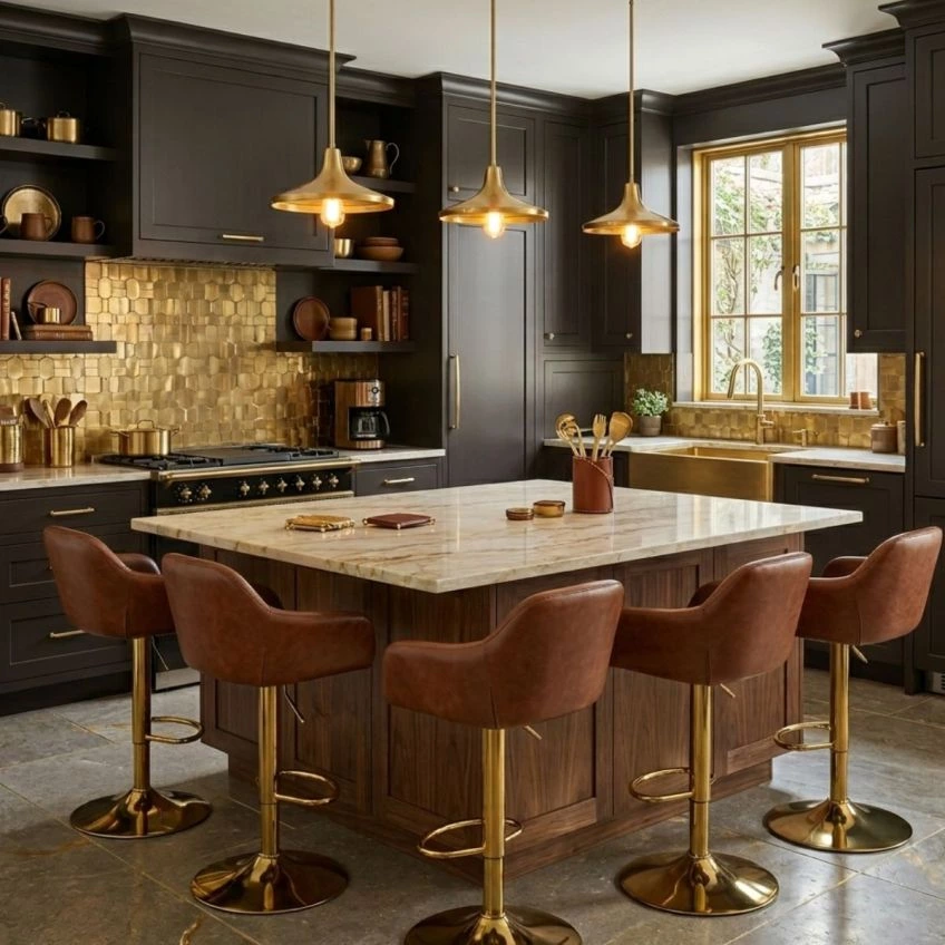 Manor Bar Stool Vintage Brown Leather & Gold Base
