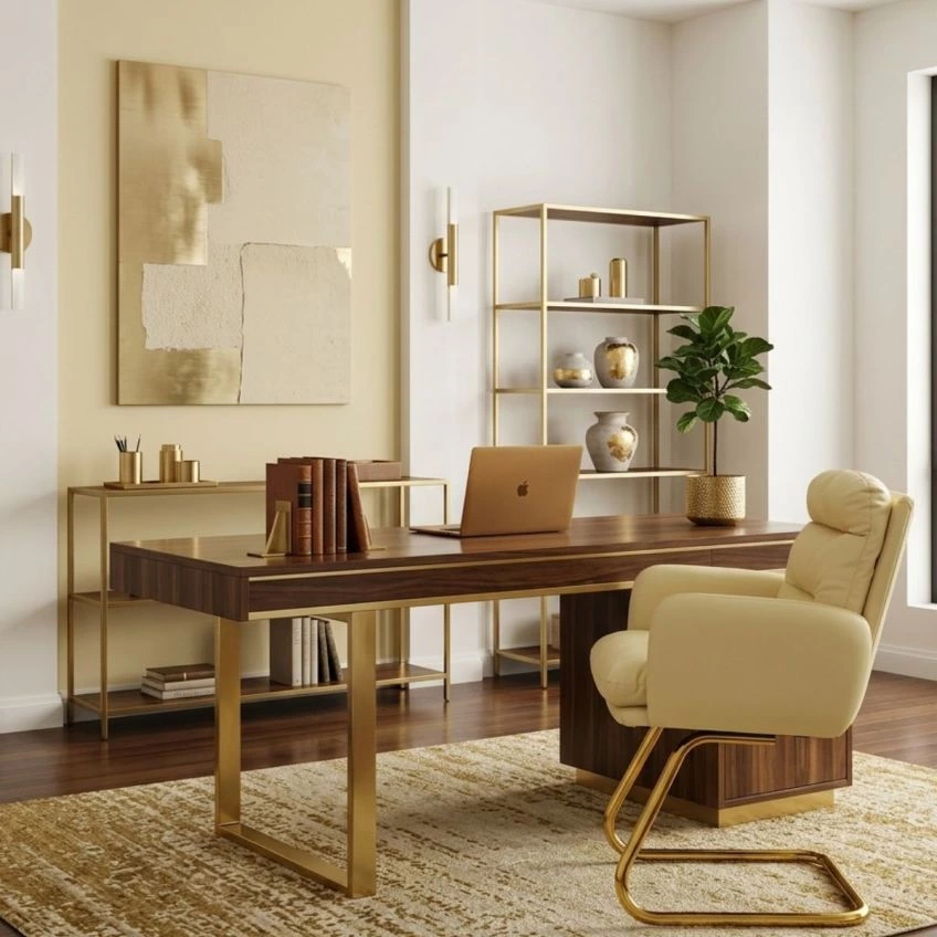 Nikan Office Chair Cream Leather & Gold
