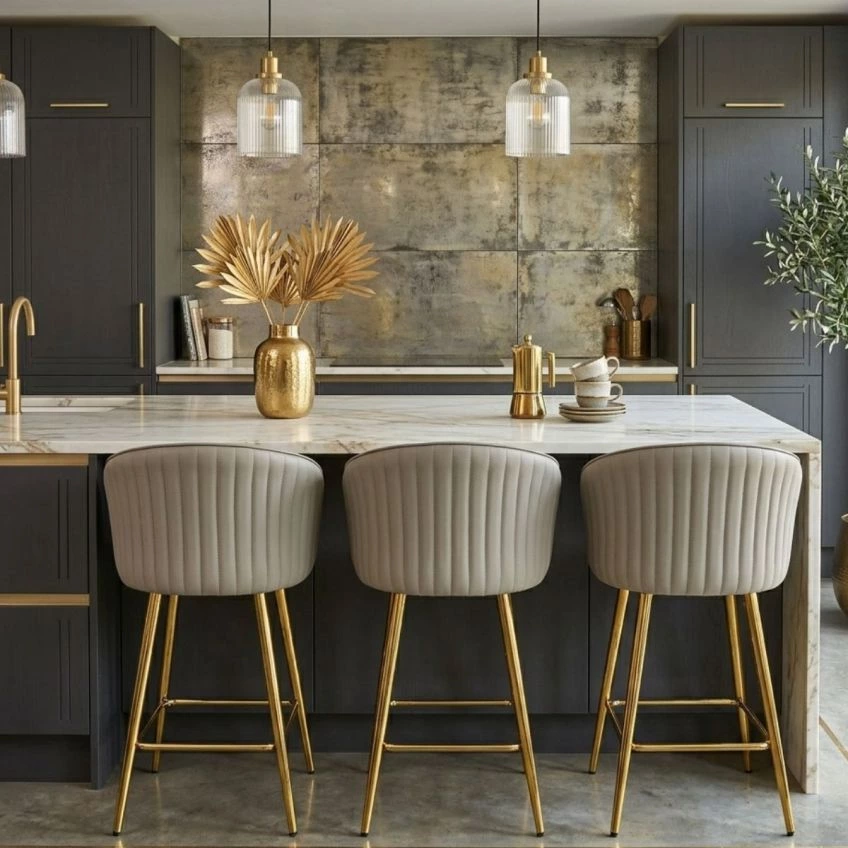 Novara Bar Stool Taupe Leather & Gold
