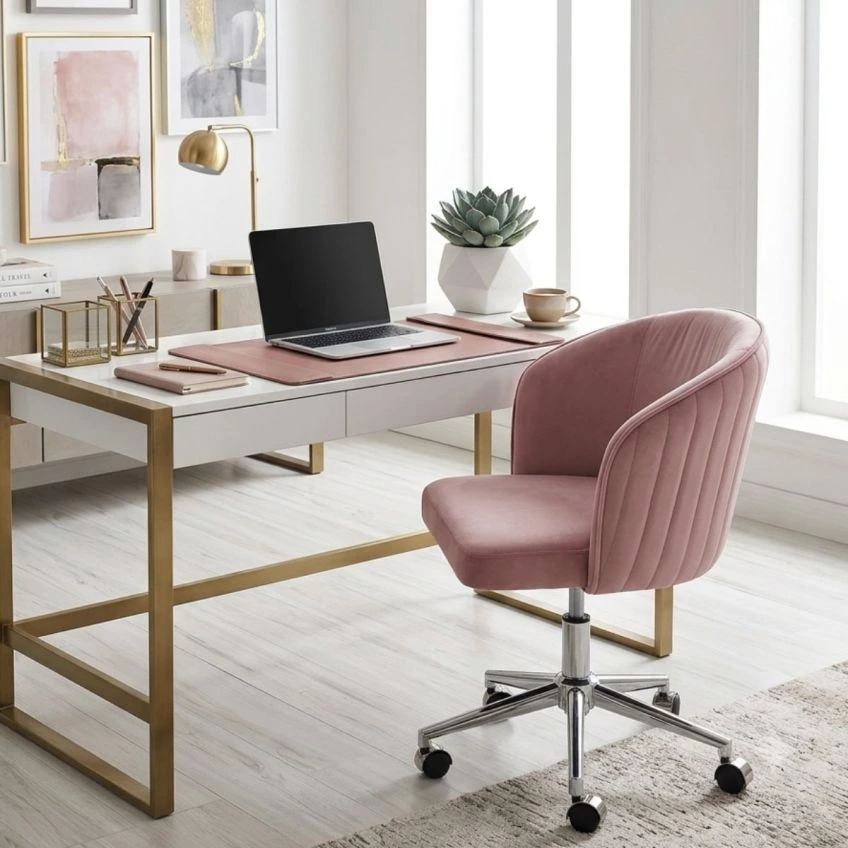 Olmo Office Chair in Pink Velvet Chrome Base