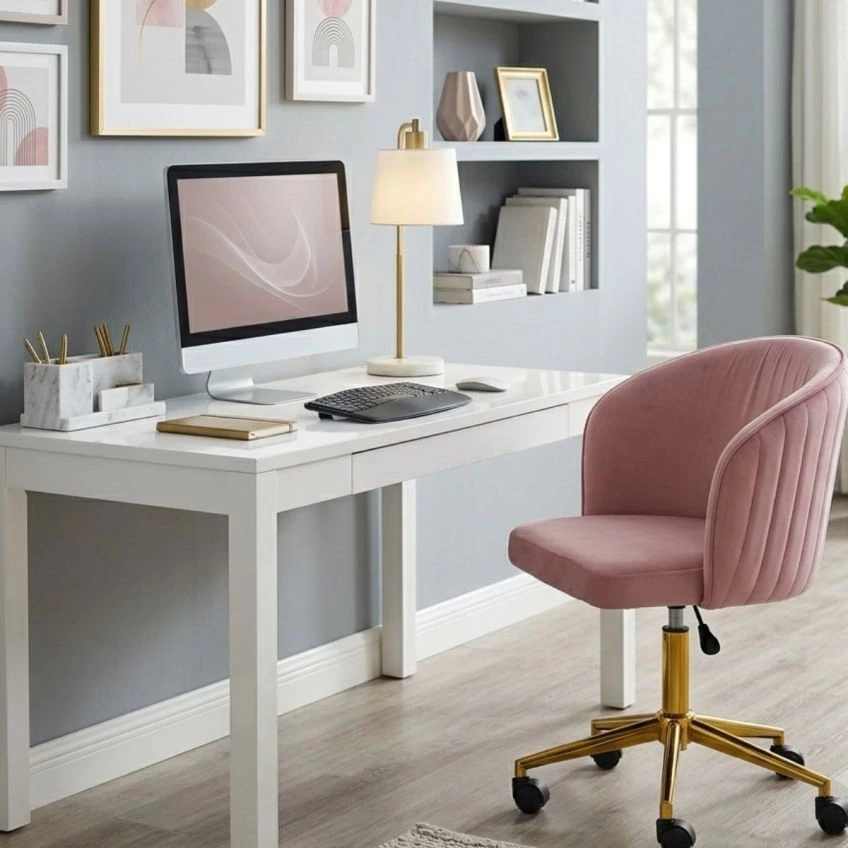 Olmo Office Chair in Pink Velvet Gold Base