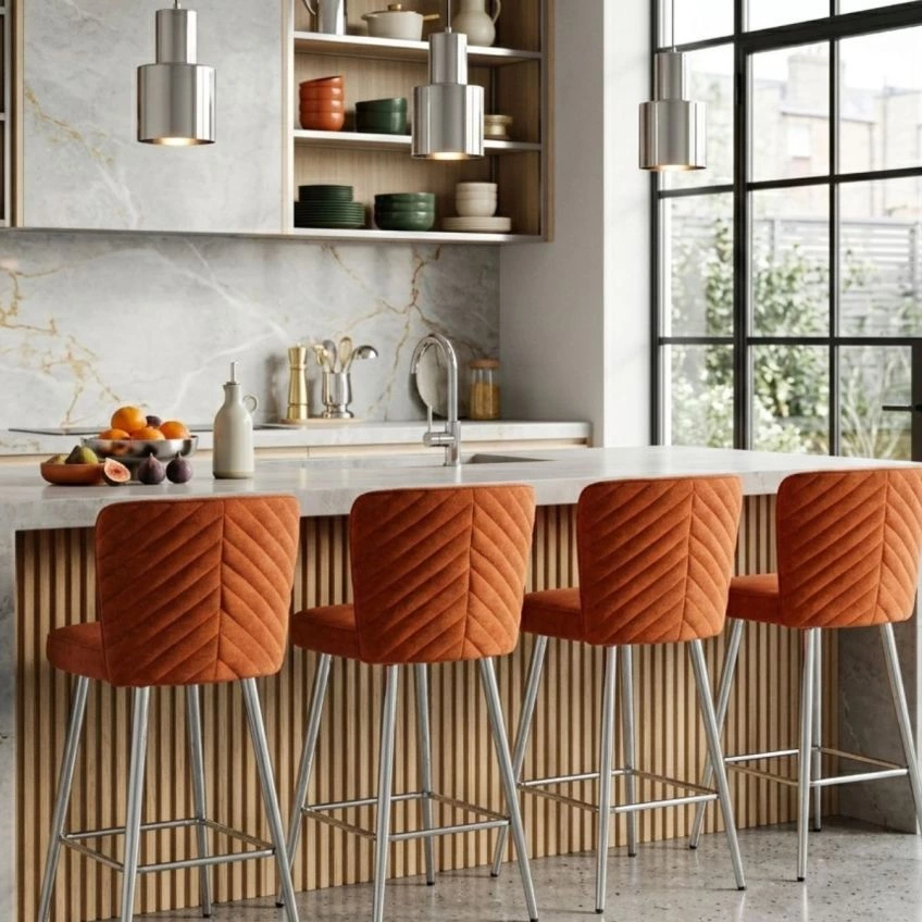 Padstow Bar Stool Orange Fabric & Chrome
