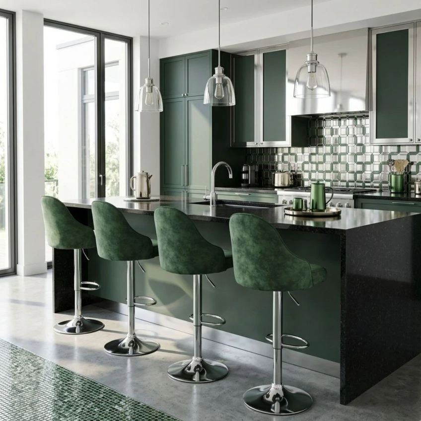 Palento Bar Stool Forest Green Leather & Chrome Base
