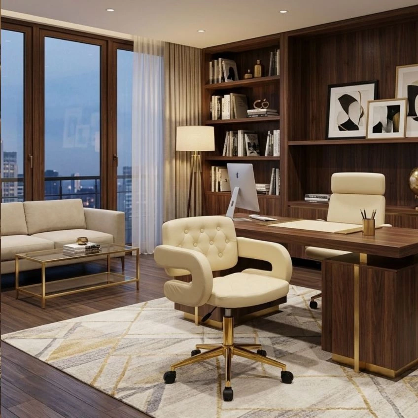Sindy Office Chair Cream Leather & Gold
