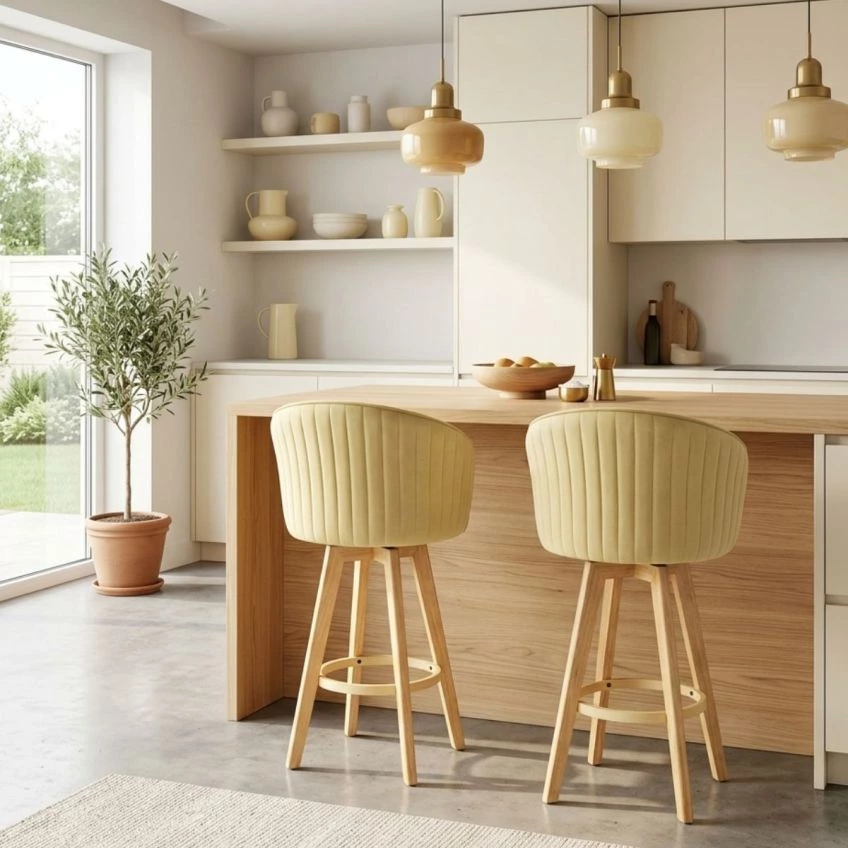 Skara Bar Stool Natural Cream Fabric & Wood Leg
