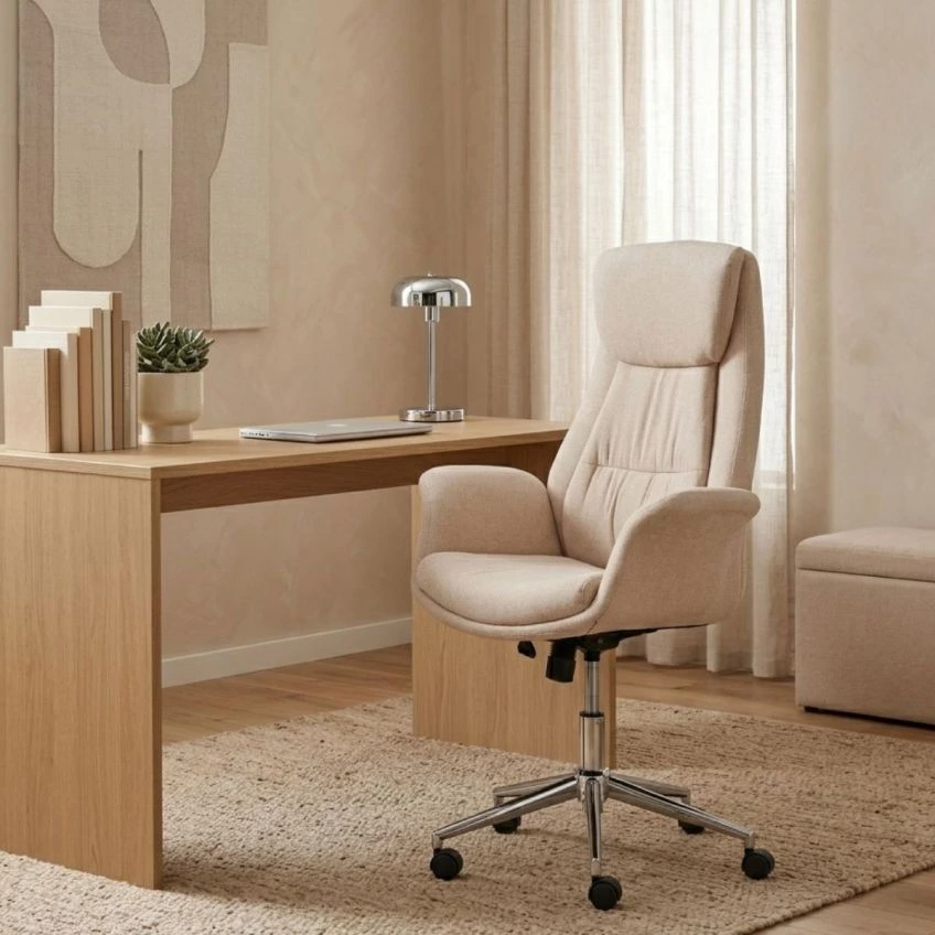 Slim Office Chair Light Tan Brown Leather & Chrome
